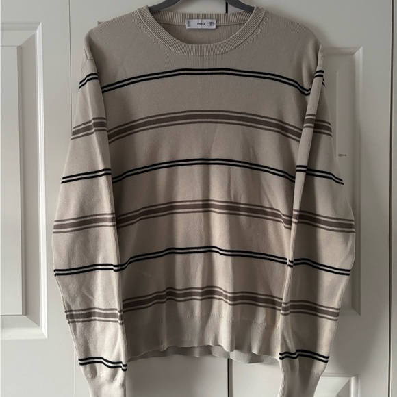 Mango Other - Mango Men's Cream and Brown Striped Crewneck Sweater